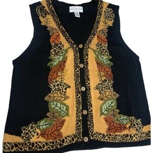 Vintage 90’s Unique Fall Leopard Leaves Black Brown Sweater Vest Size 1X